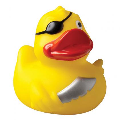 Pirate with eye patch squeaking duck