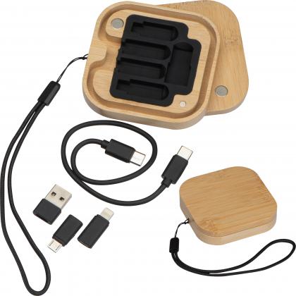 Cable and adapter set in a bamboo box