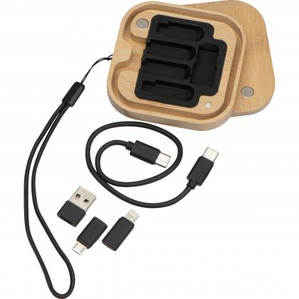 Cable and adapter set in a bamboo box