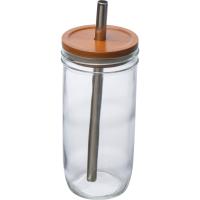 Glass mug with bamboo lid and straw