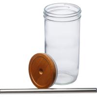 Glass mug with bamboo lid and straw