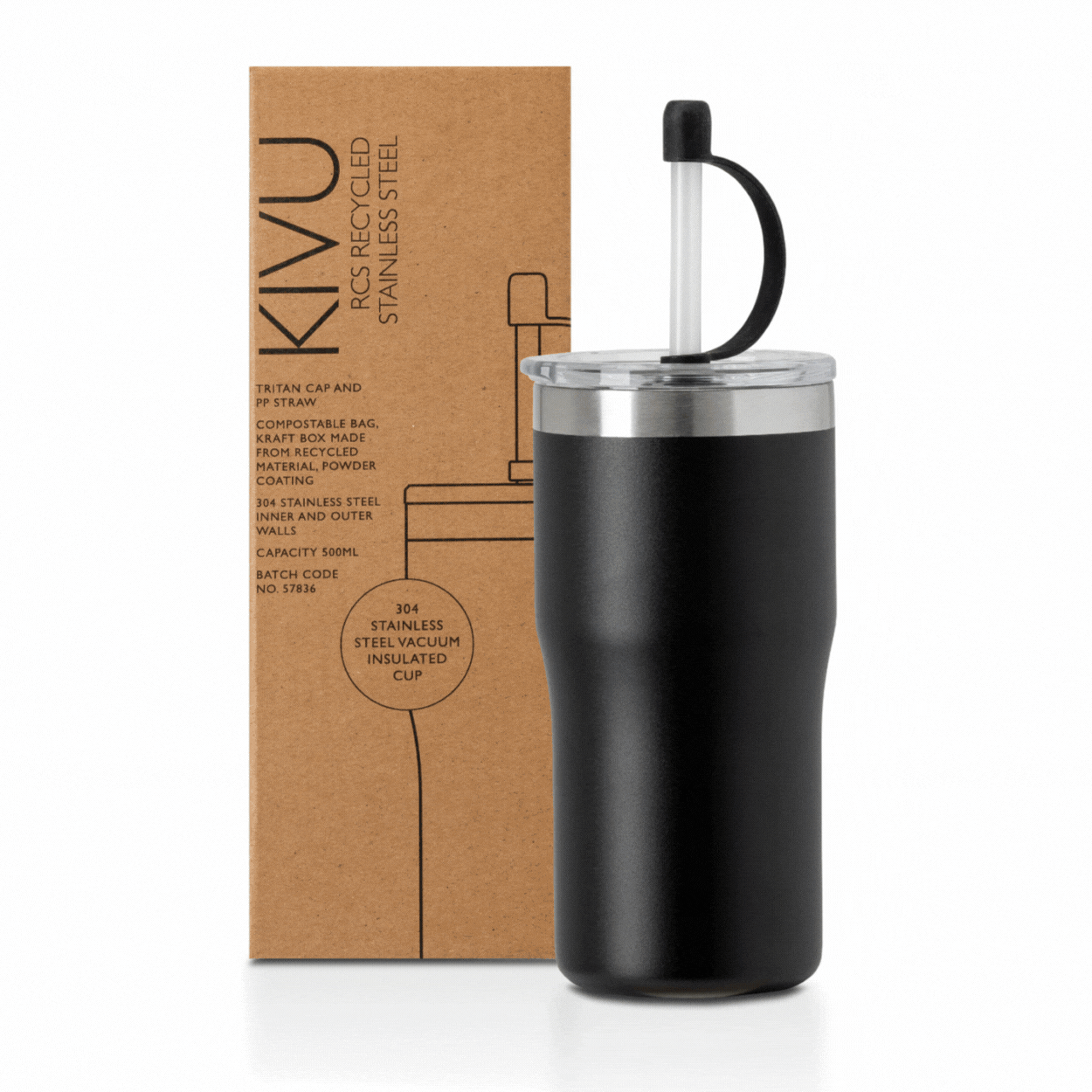 Kivu recycled insulated cup with straw - 500ml