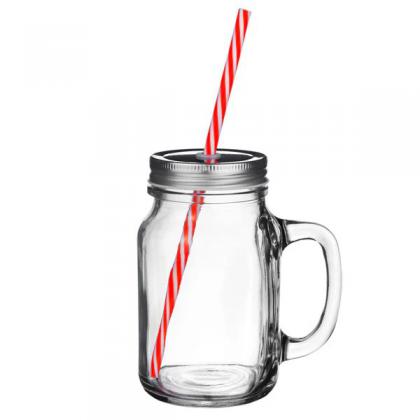 Engraved Mason Jar With Lid and Striped Straw