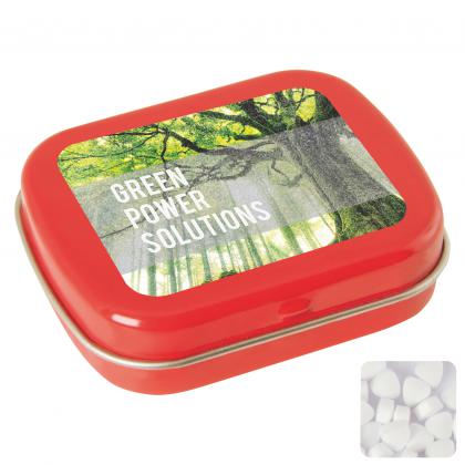 Flat hinged tin with sugar free mints