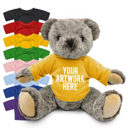 Printed 20cm Archie Bear with coloured t-shirt