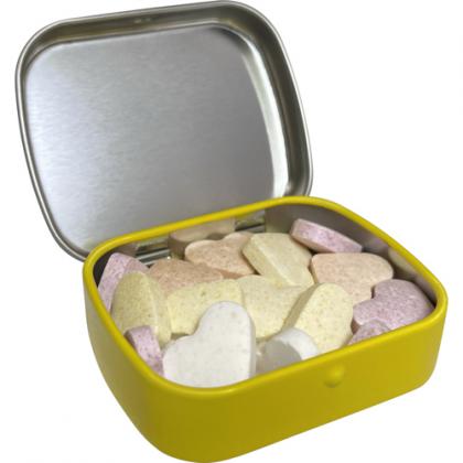 Flat hinged tin with fruit heart sweets