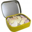 Flat hinged tin with fruit heart sweets