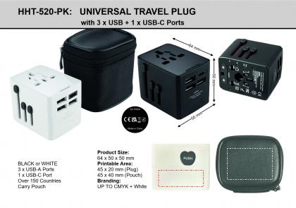 UNIVERSAL TRAVEL ADAPTOR PLUG (HHT-520)  3 x USB + 1 x USB-C