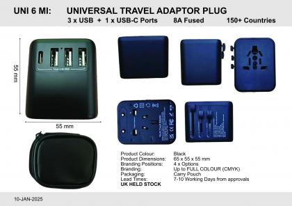 UNIVERSAL TRAVEL ADAPTOR PLUG (UNI 6 MI)  3 x USB + 1 x USB-C