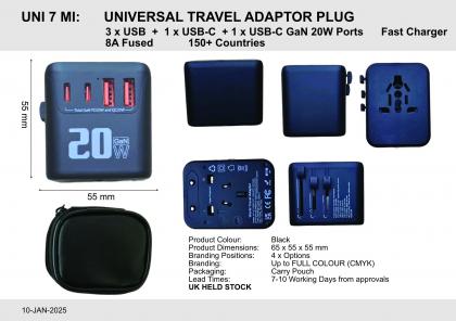 UNIVERSAL TRAVEL ADAPTOR PLUG (UNI 7 MI)  2 x USB + 2 x USB-C