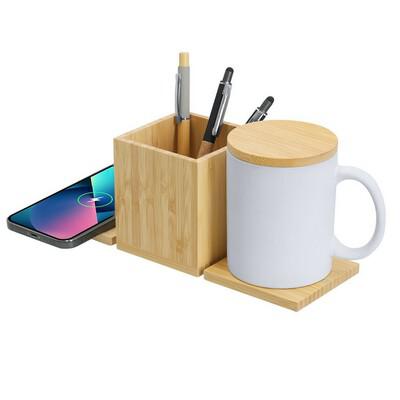 Bamboo wireless charger 15W, pen holder, cup warmer