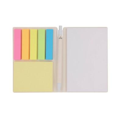 Memo holder, notebook, sticky notes, pen, made from recycled milk cartons
