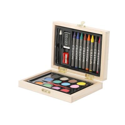 Painting and drawing set, 24 pcs, art set, crayons, pencil, eraser, sharpener, watercolour paints, paintbrush, wooden box