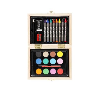 Painting and drawing set, 24 pcs, art set, crayons, pencil, eraser, sharpener, watercolour paints, paintbrush, wooden box
