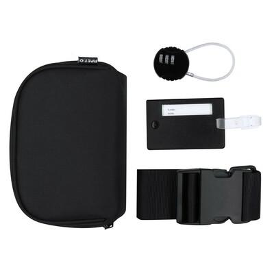 Travel set, luggage tag, luggage strap, padlock, RPET pouch