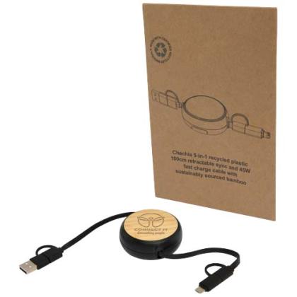 Chechia 5-in-1 recycled plastic 100 cm retractable data sync and 45W fast charge cable
