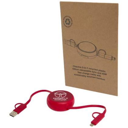 Alasia 5-in-1 100 cm recycled plastic and aluminium retractable data sync and 45W fast charge cable
