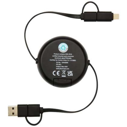 Alasia 5-in-1 100 cm recycled plastic and aluminium retractable data sync and 45W fast charge cable