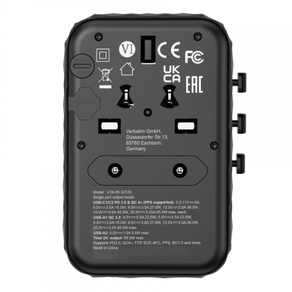 Verbatim GaN III Universal Travel Adapter UTA-05 with 2 x USB-C PD 65W & QC 4+ / 2 x USB-A