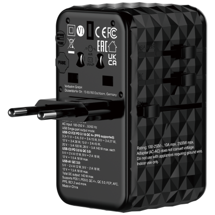 Verbatim GaN III Universal Travel Adapter UTA-10 2 x USB-C PD 3.1 140W  1 x USB-C PD 18W 1 x USB-A QC 3.0 18W