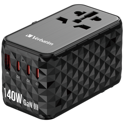 Verbatim GaN III Universal Travel Adapter UTA-10 2 x USB-C PD 3.1 140W  1 x USB-C PD 18W 1 x USB-A QC 3.0 18W