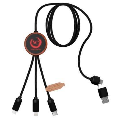 SCX.design C37 5-in-1 rPET light-up logo charging cable with round wooden casing (25536)