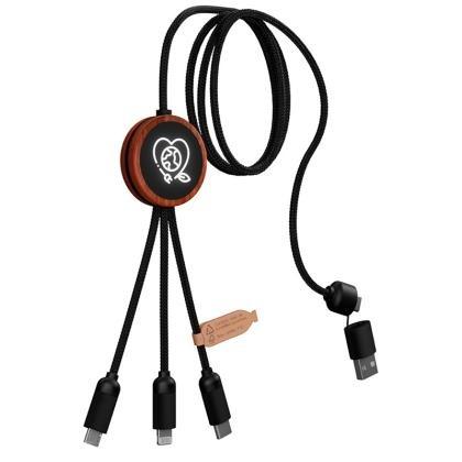 SCX.design C37 5-in-1 rPET light-up logo charging cable with round wooden casing (25536)