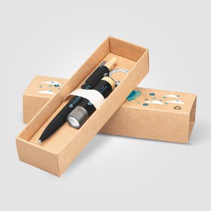 Reborn Recycled Aluminium Bamboo Accented Pen & Torch Gift Set – Full Colour Inkjet All