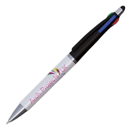 Quad 4 Colour in 1 Ballpoint Pen with Stylus - White - Black