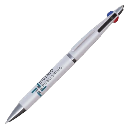 Quad 4 Colour in 1 Ballpoint Pen with Stylus - White - Silver