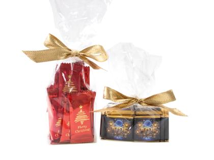 CHRISTMAS CLEAR SACHET GIFT BAGS & BOW WITH CHOCOLATES OR SWEETS