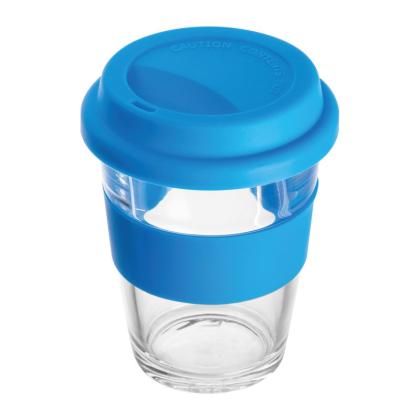 Glass mug with silicon sleeve and lid
