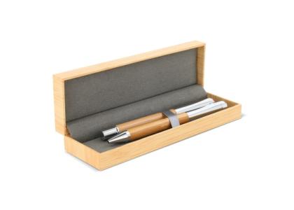 Metal ball pen and rollerball set bamboo in gift box