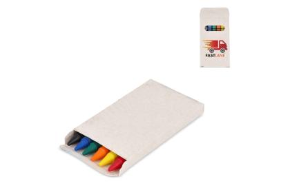 6 crayons in recycled milkcarton box