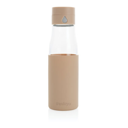 Ukiyo glass hydration tracking bottle with sleeve