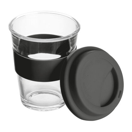 Glass mug with silicon sleeve and lid