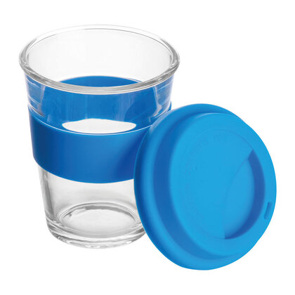 Glass mug with silicon sleeve and lid