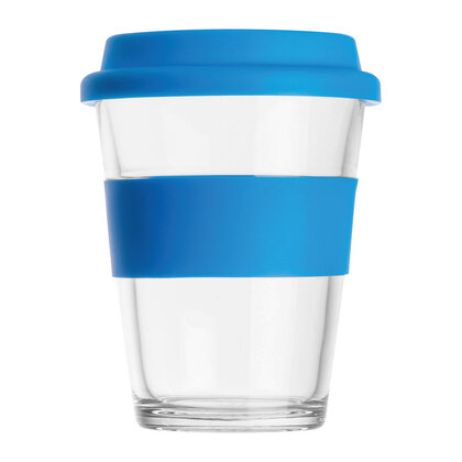 Glass mug with silicon sleeve and lid