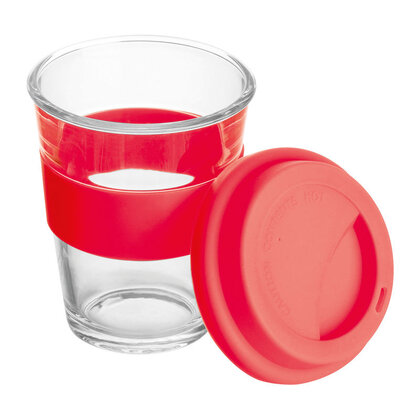 Glass mug with silicon sleeve and lid