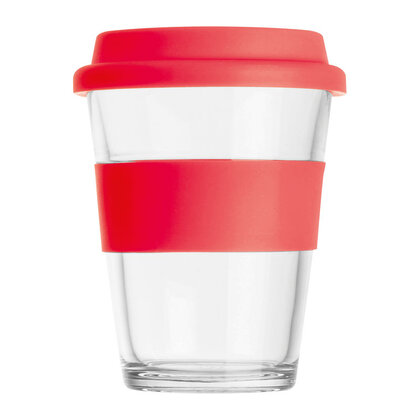 Glass mug with silicon sleeve and lid
