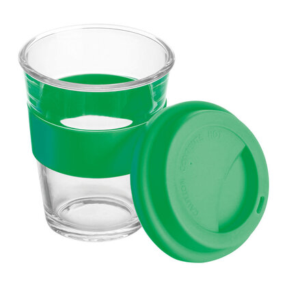 Glass mug with silicon sleeve and lid