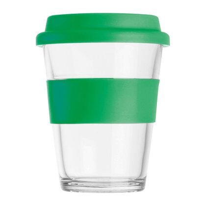 Glass mug with silicon sleeve and lid