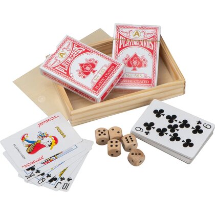 Playing cards in wooden box with dice BRIAN