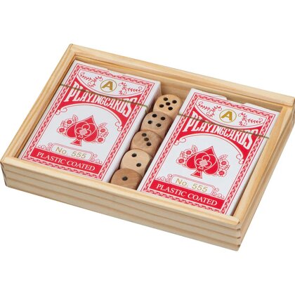Playing cards in wooden box with dice BRIAN