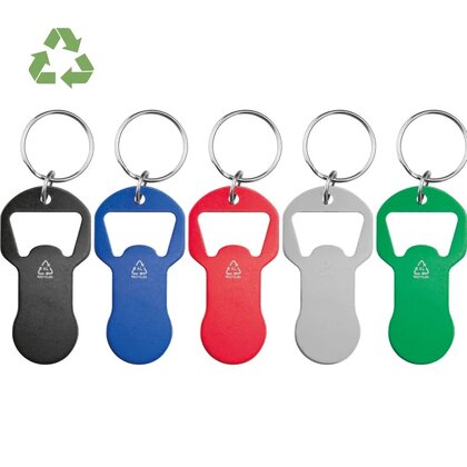 Recycled aluminum keychain with shopping cart release and bottle opener OLIVER