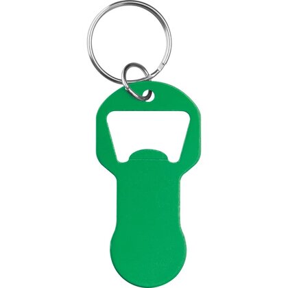 Recycled aluminum keychain with shopping cart release and bottle opener OLIVER