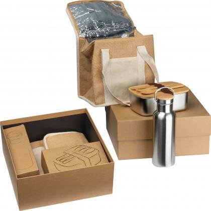 Gift set with drinking bottle, lunch box and jute cooler bag BRIGITTE