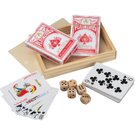 Playing cards in wooden box with dice BRIAN